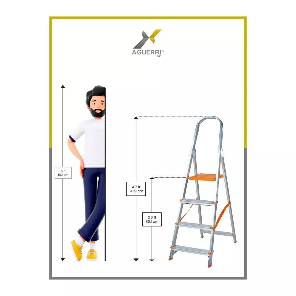 AGUERRI 4 Steps Aluminium Ladder Orange Lightweight & Foldable with Wide Platform for Indoor & Outdoor Use