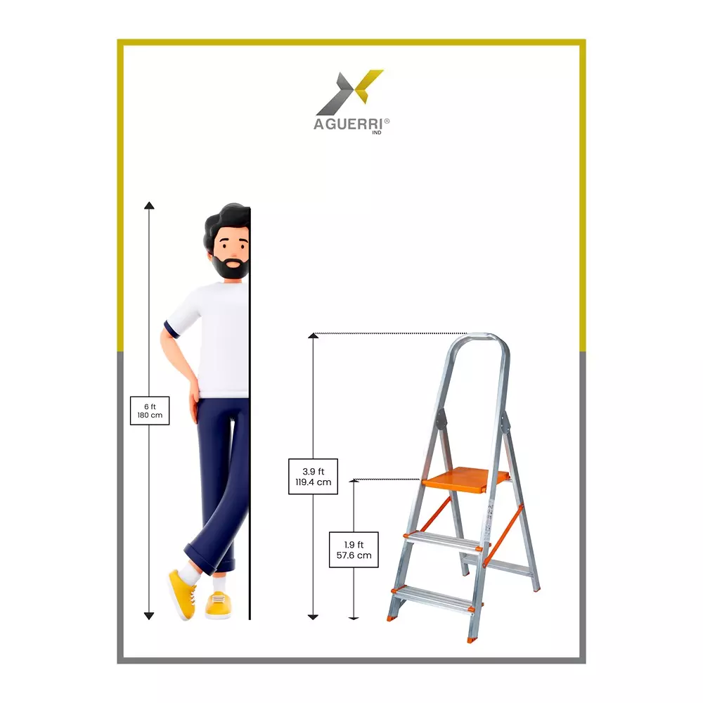 AGUERRI 3 Steps Aluminium Ladder Orange Lightweight & Foldable with Wide Platform for Indoor & Outdoor Use