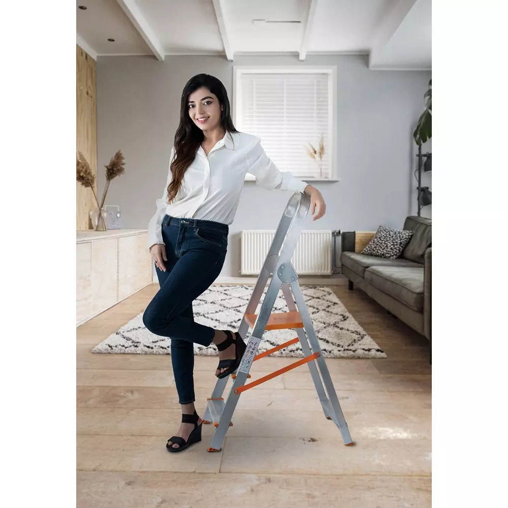 AGUERRI 3 Steps Aluminium Ladder Orange Lightweight & Foldable with Wide Platform for Indoor & Outdoor Use