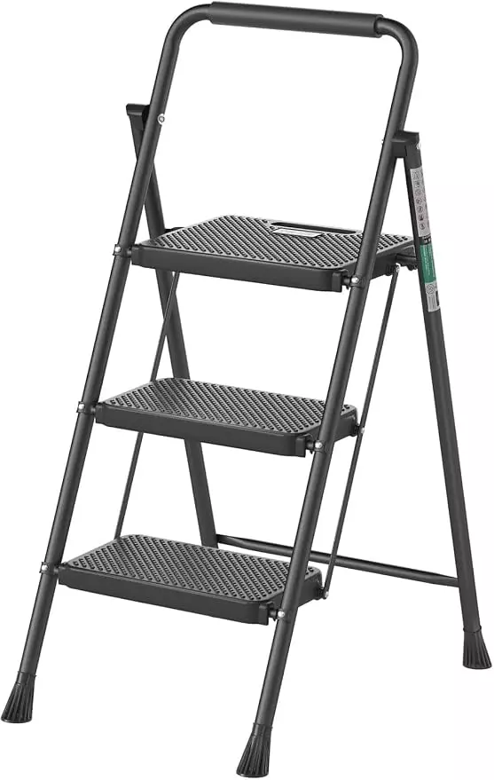 Jawsons 3 Steps Folding Stool Ladder with Anti-Slip Wide Pedals, Handgrip, 150 Kg (Approx.) Load Capacity and Steel Body, Black