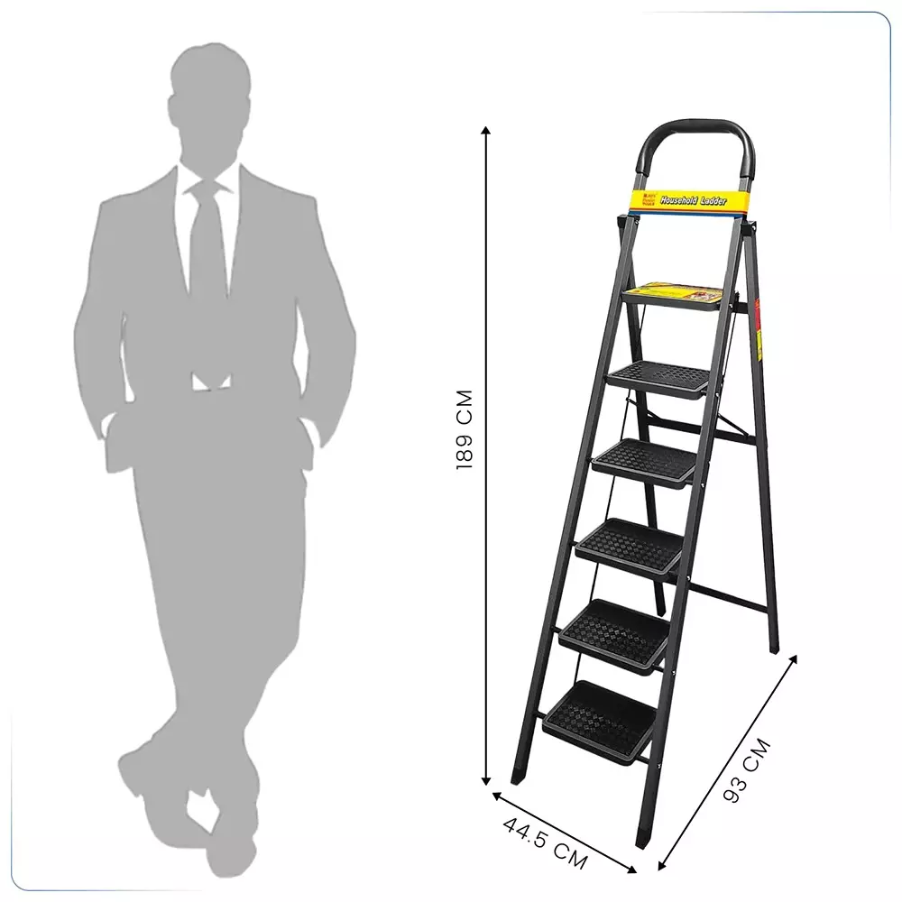 Jon Bhandari Household Foldable Step Ladder 6 Steps Durable Alloy Steel Black 90 Kg Load Capacity 1.89 m Height, 6SL