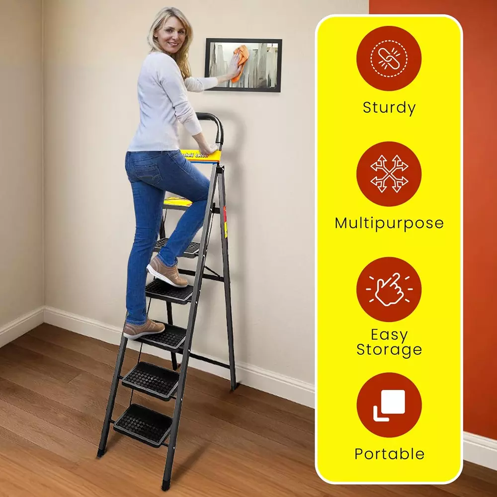 Jon Bhandari Household Foldable Step Ladder 6 Steps Durable Alloy Steel Black 90 Kg Load Capacity 1.89 m Height, 6SL