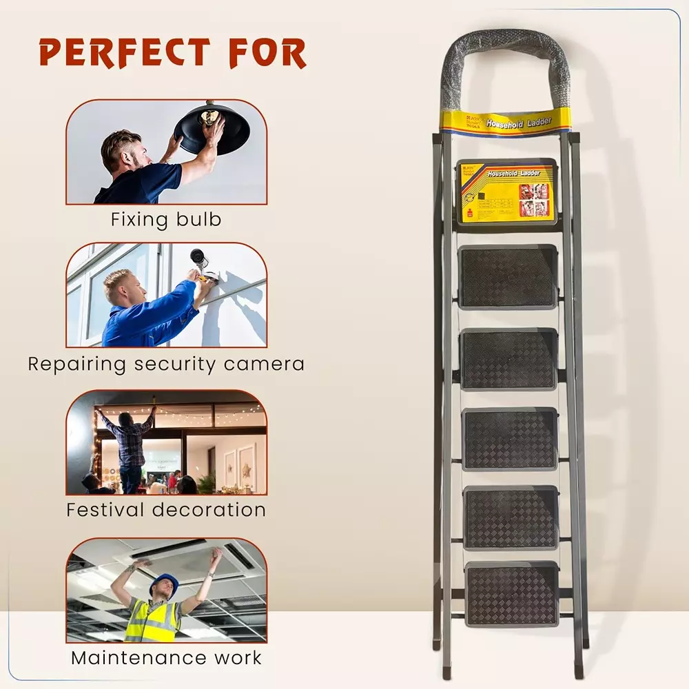 Jon Bhandari Household Foldable Step Ladder 6 Steps Durable Alloy Steel Black 90 Kg Load Capacity 1.89 m Height, 6SL