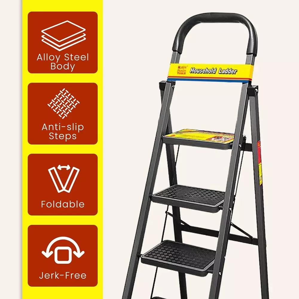 Jon Bhandari Household Foldable Step Ladder 6 Steps Durable Alloy Steel Black 90 Kg Load Capacity 1.89 m Height, 6SL