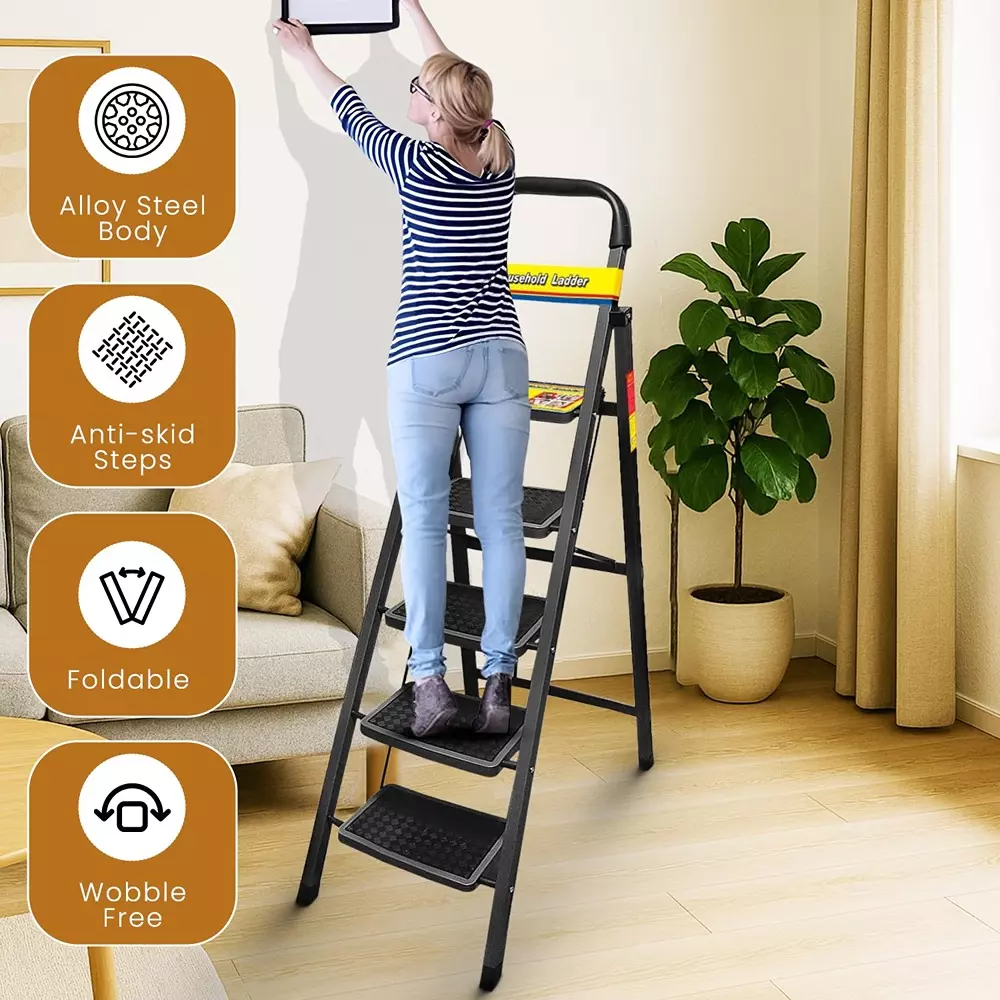 Jon Bhandari Household Foldable Step Ladder 5 Steps Durable Alloy Steel Black 90 Kg Load Capacity 1.67 m Height, 5SL