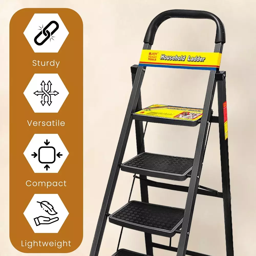 Jon Bhandari Household Foldable Step Ladder 5 Steps Durable Alloy Steel Black 90 Kg Load Capacity 1.67 m Height, 5SL