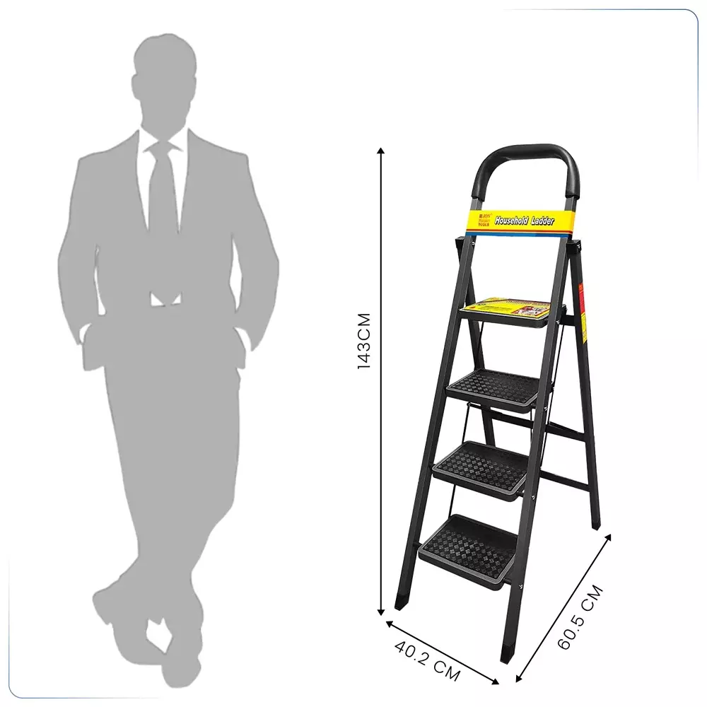 Jon Bhandari Household Foldable Step Ladder 4 Steps Durable Alloy Steel Black 90 Kg Load Capacity 1.43 m Height, 4SL