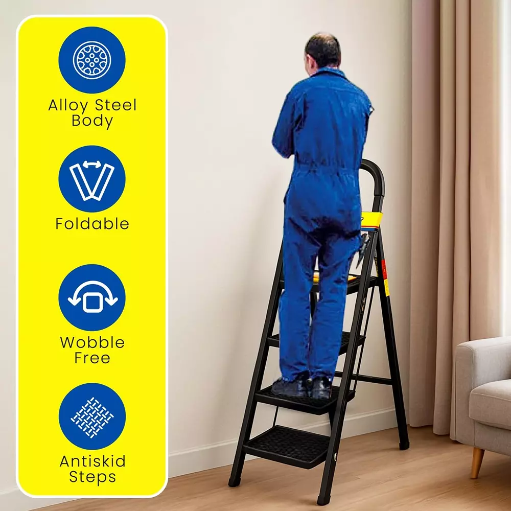Jon Bhandari Household Foldable Step Ladder 4 Steps Durable Alloy Steel Black 90 Kg Load Capacity 1.43 m Height, 4SL