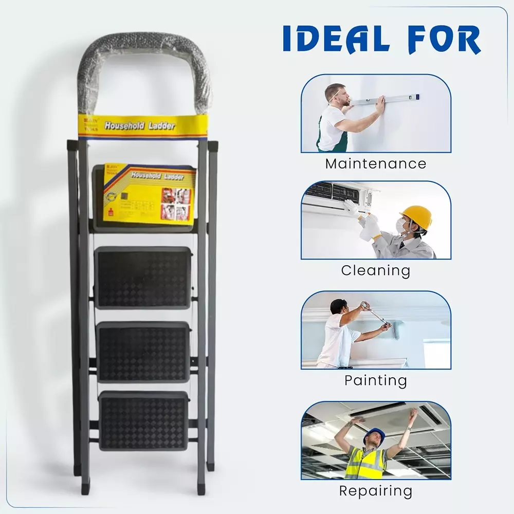 Jon Bhandari Household Foldable Step Ladder 4 Steps Durable Alloy Steel Black 90 Kg Load Capacity 1.43 m Height, 4SL