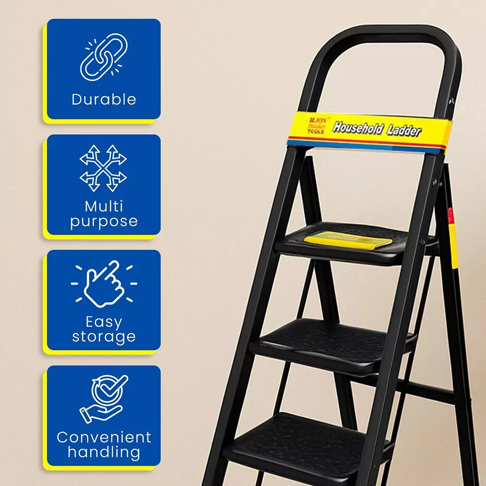 Jon Bhandari Household Foldable Step Ladder 4 Steps Durable Alloy Steel Black 90 Kg Load Capacity 1.43 m Height, 4SL