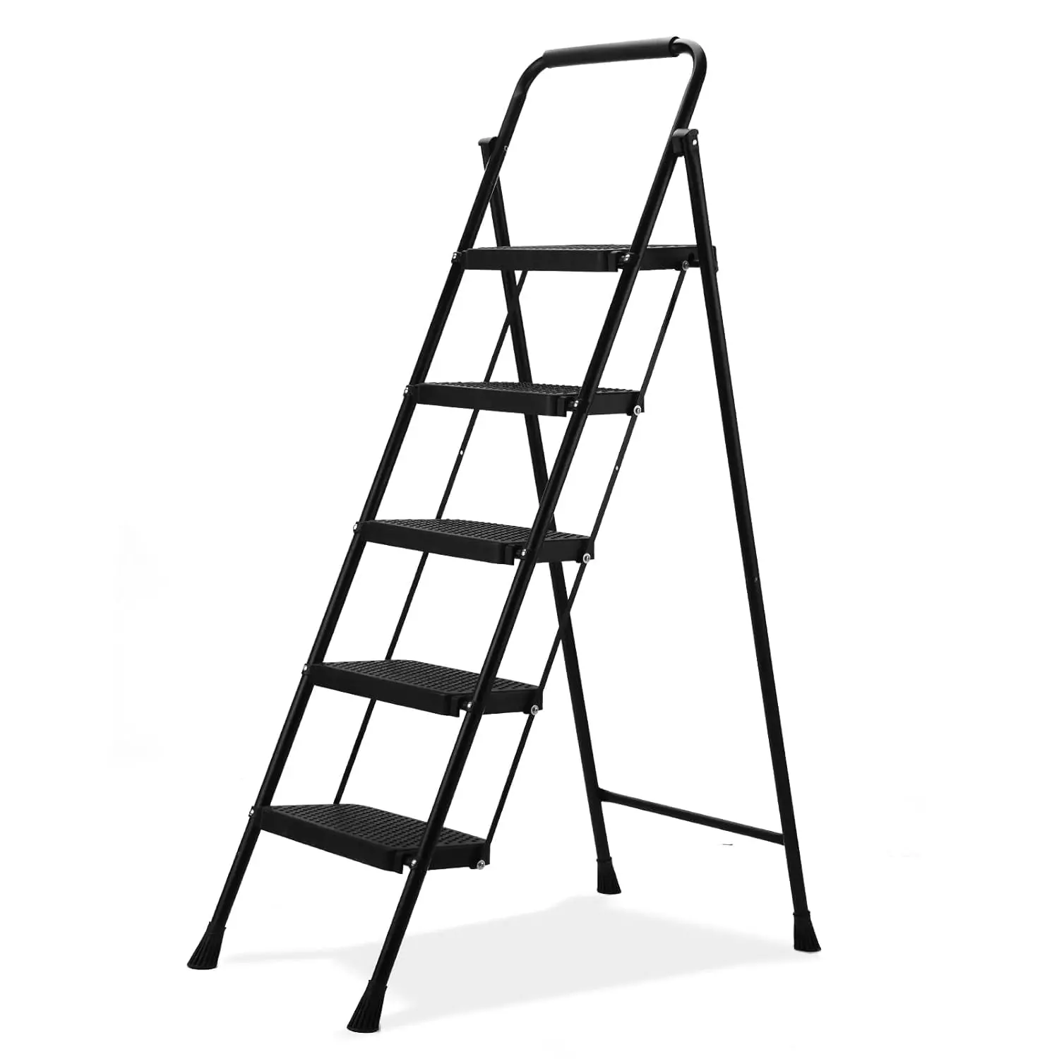 Jawsons 5 Steps Folding Stool Ladder with Anti-Slip Wide Pedals, Handgrip and Steel Body, Black
