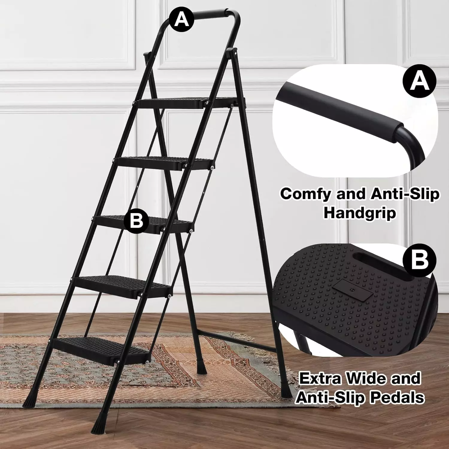 jawsons-5-steps-folding-stool-ladder-with-anti-slip-wide-pedals-handgrip-and-steel-body-black