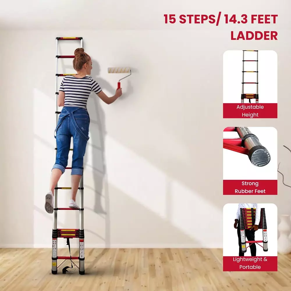 Jon Bhandari Telescopic Folding Ladder 15 Steps Aluminium Silver 150 Kg Load Capacity 14.3 ft Max. Height, AL15