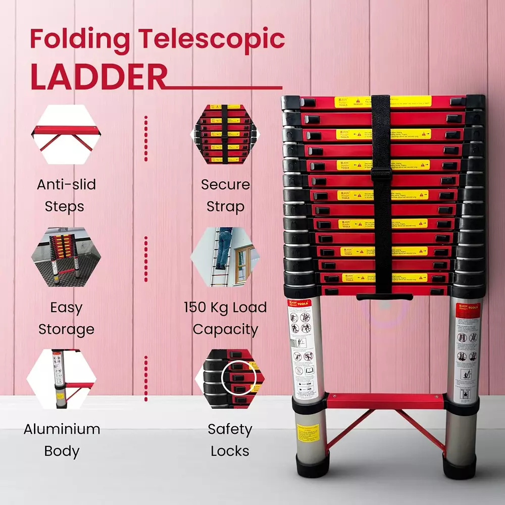 Jon Bhandari Telescopic Folding Ladder 15 Steps Aluminium Silver 150 Kg Load Capacity 14.3 ft Max. Height, AL15