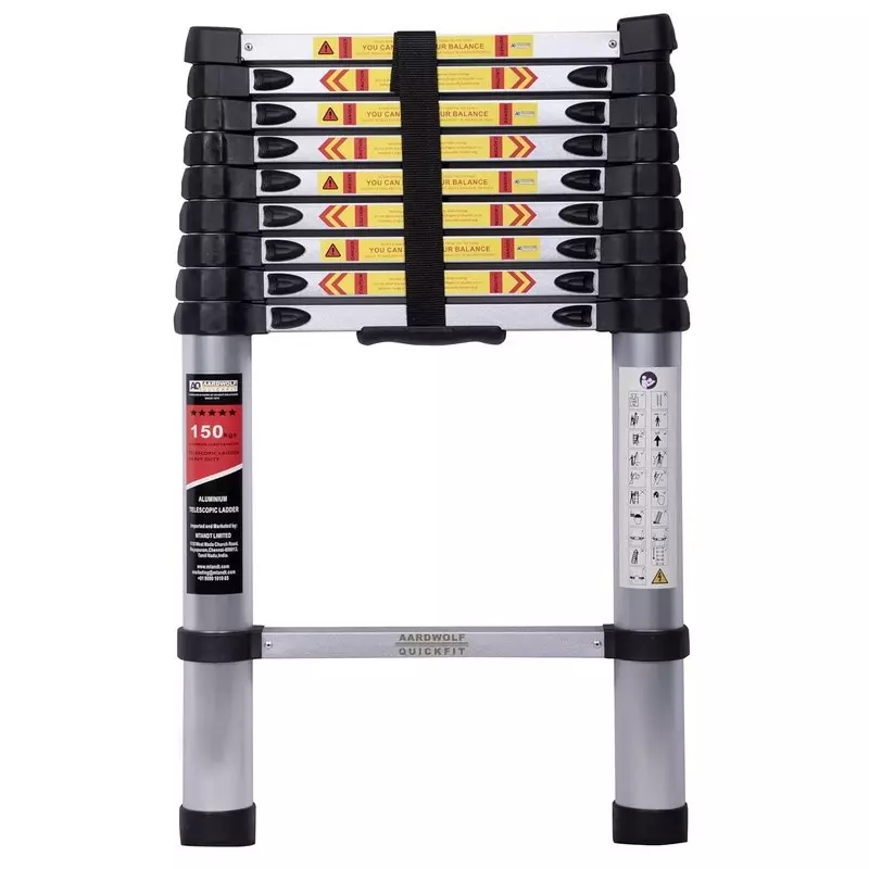 Aardwolf Quickfit 10 Step Foldable Telescopic Ladder Aluminium Silver 150 Kg Load Capacity 9.5 ft (2.9 m) Height Extended, AQT-029