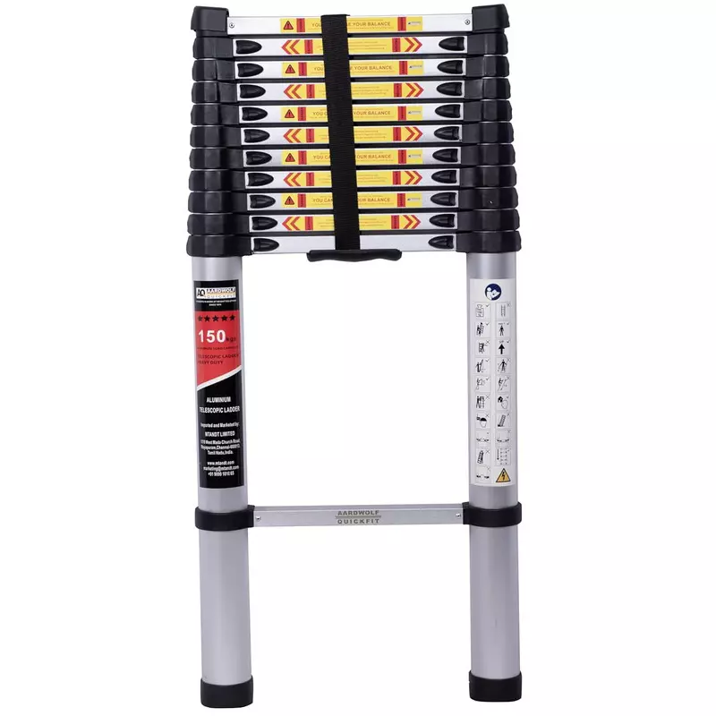 Aardwolf Quickfit 12 Step Foldable Telescopic Ladder Aluminium Silver 150 Kg Load Capacity 15.4 ft (4.7 m) Height Extended, AQT-047