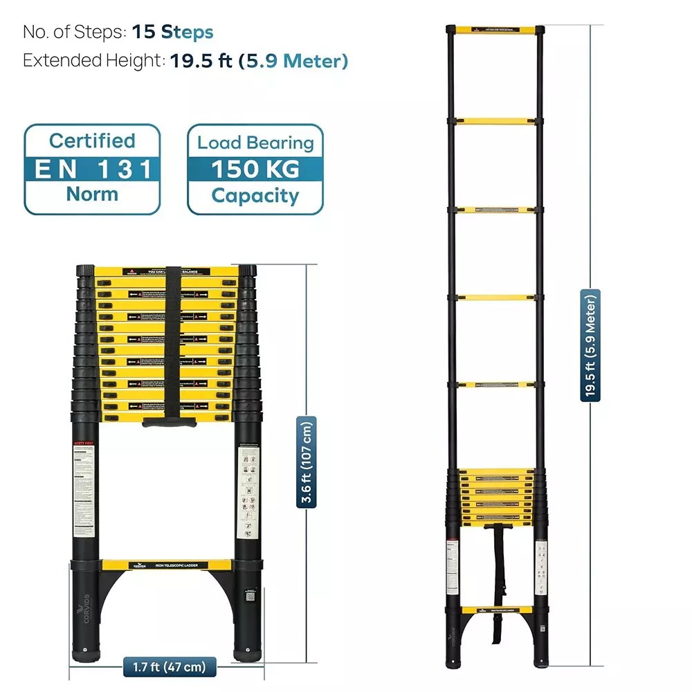 corvids-telescopic-ladder-195-feet-59-m-max-extended-height-150-kg-maximum-load-capacity-15-steps-q195-grade-carbon-steel-material-cclt-059ir