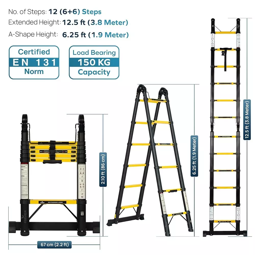 corvids-telescopic-ladder-a-type-foldable-125-feet-38-m-max-extended-height-150-kg-maximum-load-capacity-12-steps-q195-grade-carbon-steel-material-cclt-d38ir
