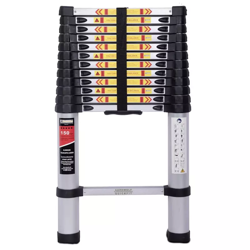 Aardwolf Quickfit 13 Step Foldable Telescopic Ladder Aluminium Silver 150 Kg Load Capacity 12.5 ft (3.8 m) Height Extended, AQT-038