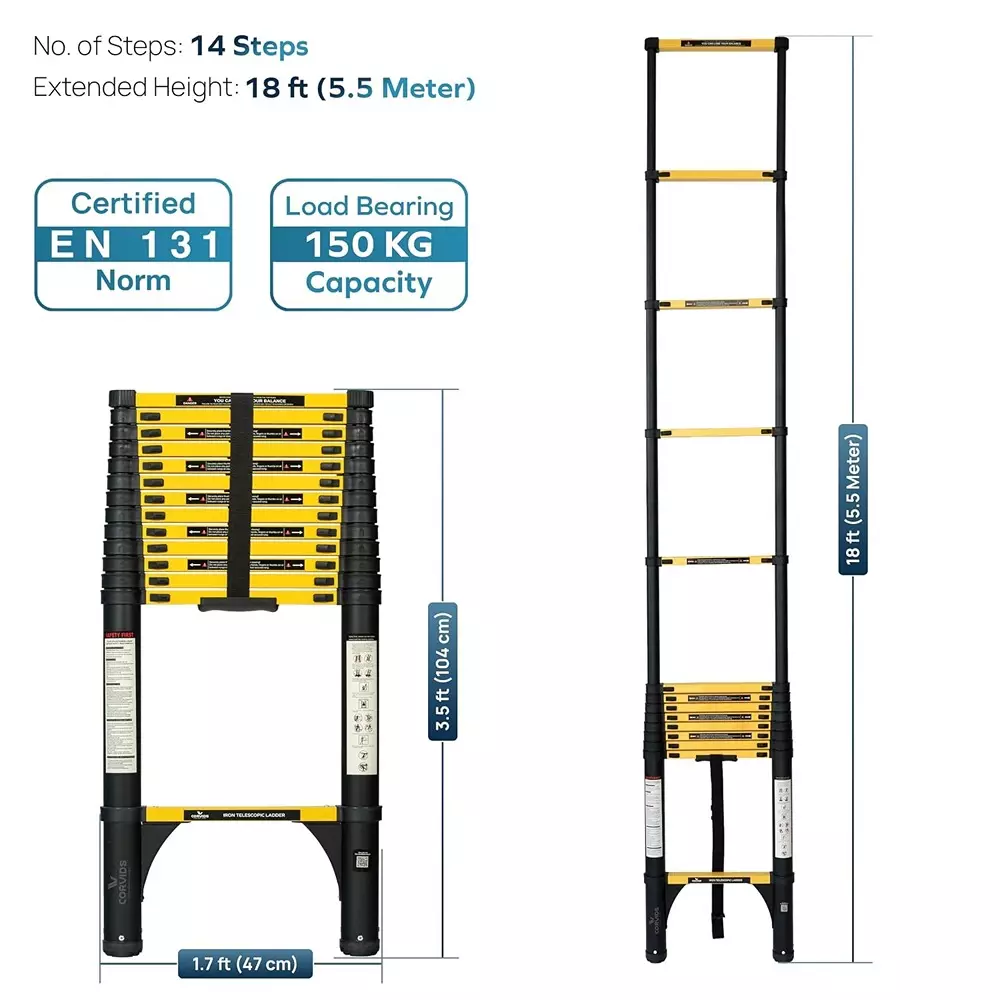 corvids-telescopic-ladder-18-feet-55-m-max-extended-height-150-kg-maximum-load-capacity-14-steps-q195-grade-carbon-steel-material-cclt-055ir