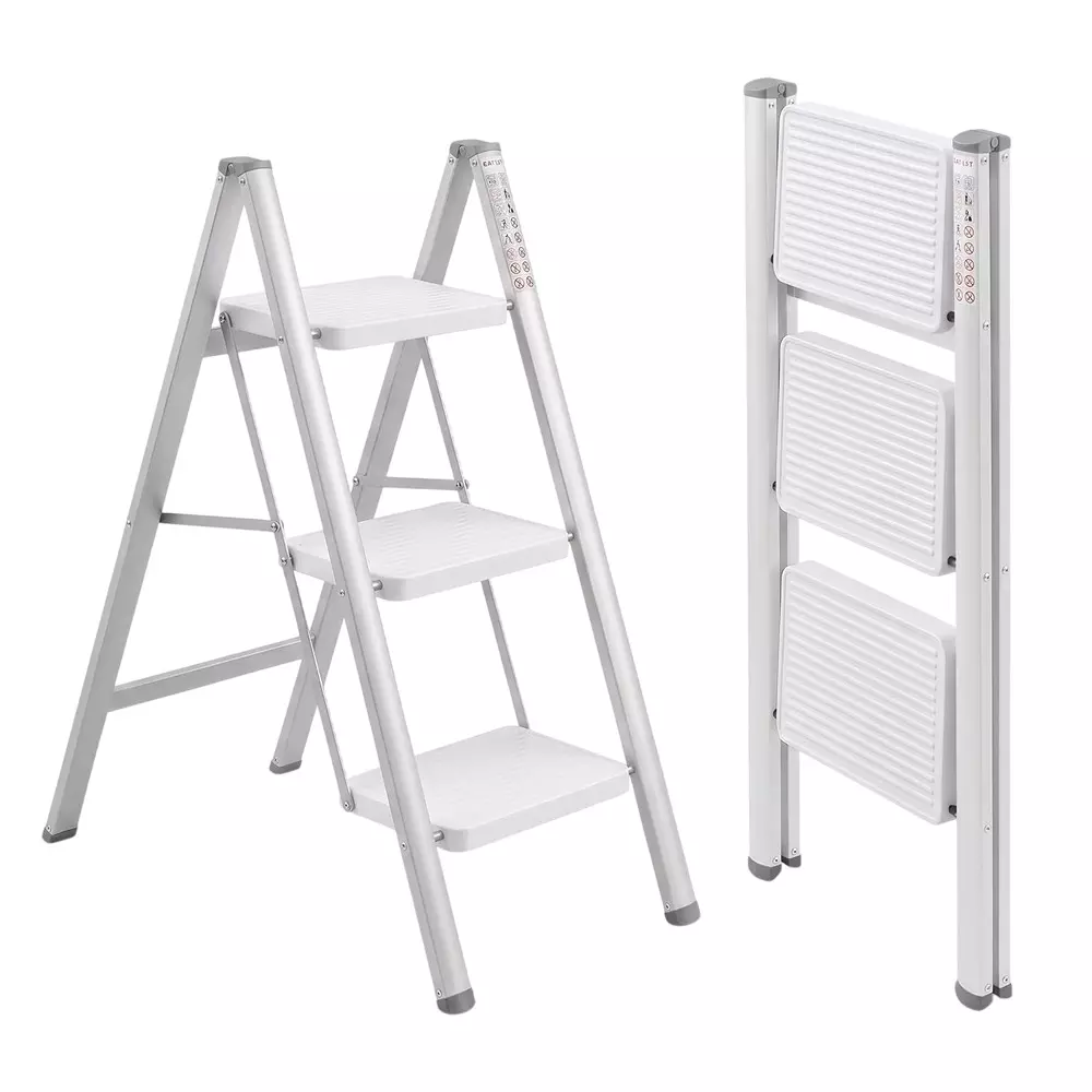 Corvids Folding Step Ladder White Carbon Steel 3 Steps 914.4 mm (3 ft) Max. Extended Height, CCSL-03W