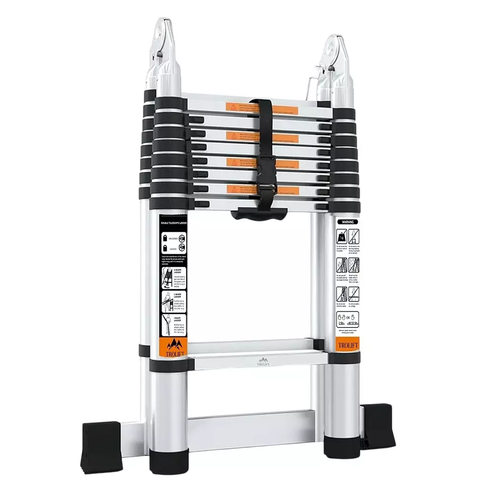 TROLIFT 18 ft (550 cm) 2-in-1 Double Aluminium Telescopic Ladder With Stabilizers 9+9 Step A-Type EN131 Certified, TALT-D56