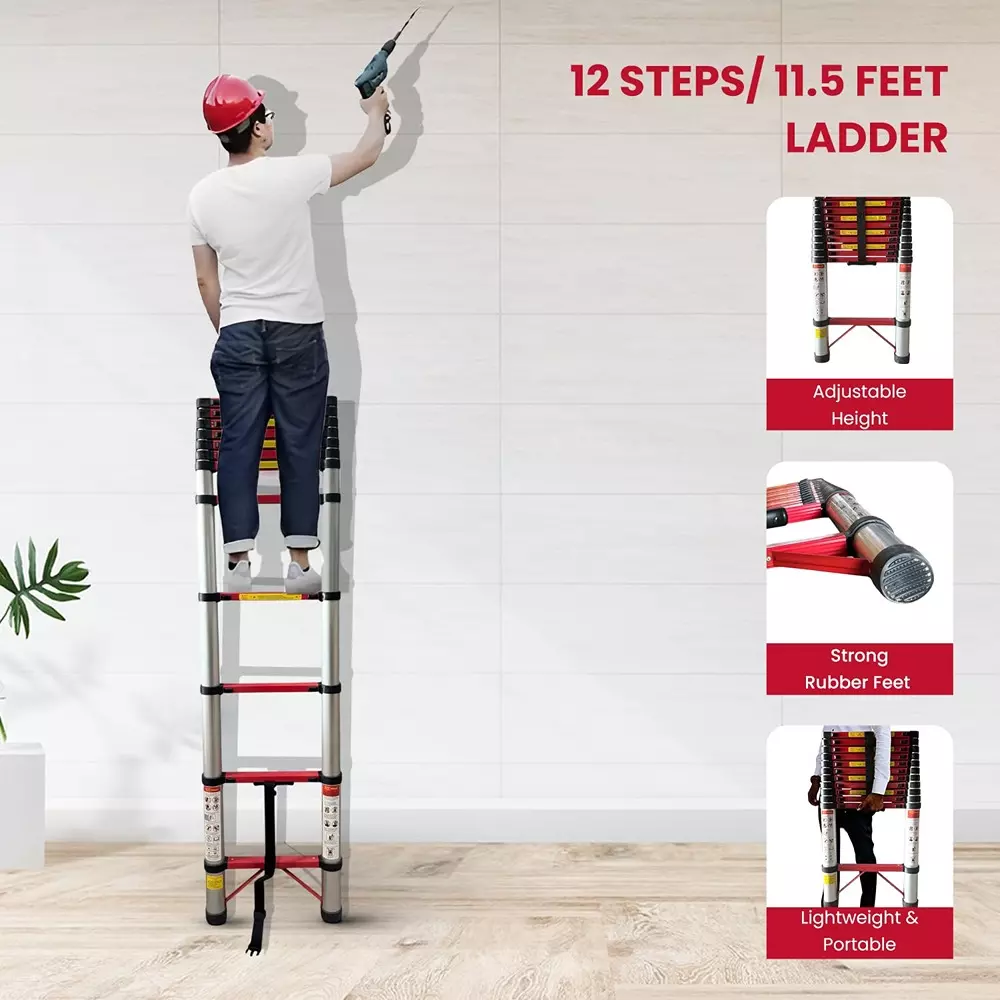 Jon Bhandari Telescopic Folding Ladder 12 Steps Aluminium Silver 150 Kg Load Capacity 11.5 ft Max. Height, AL12