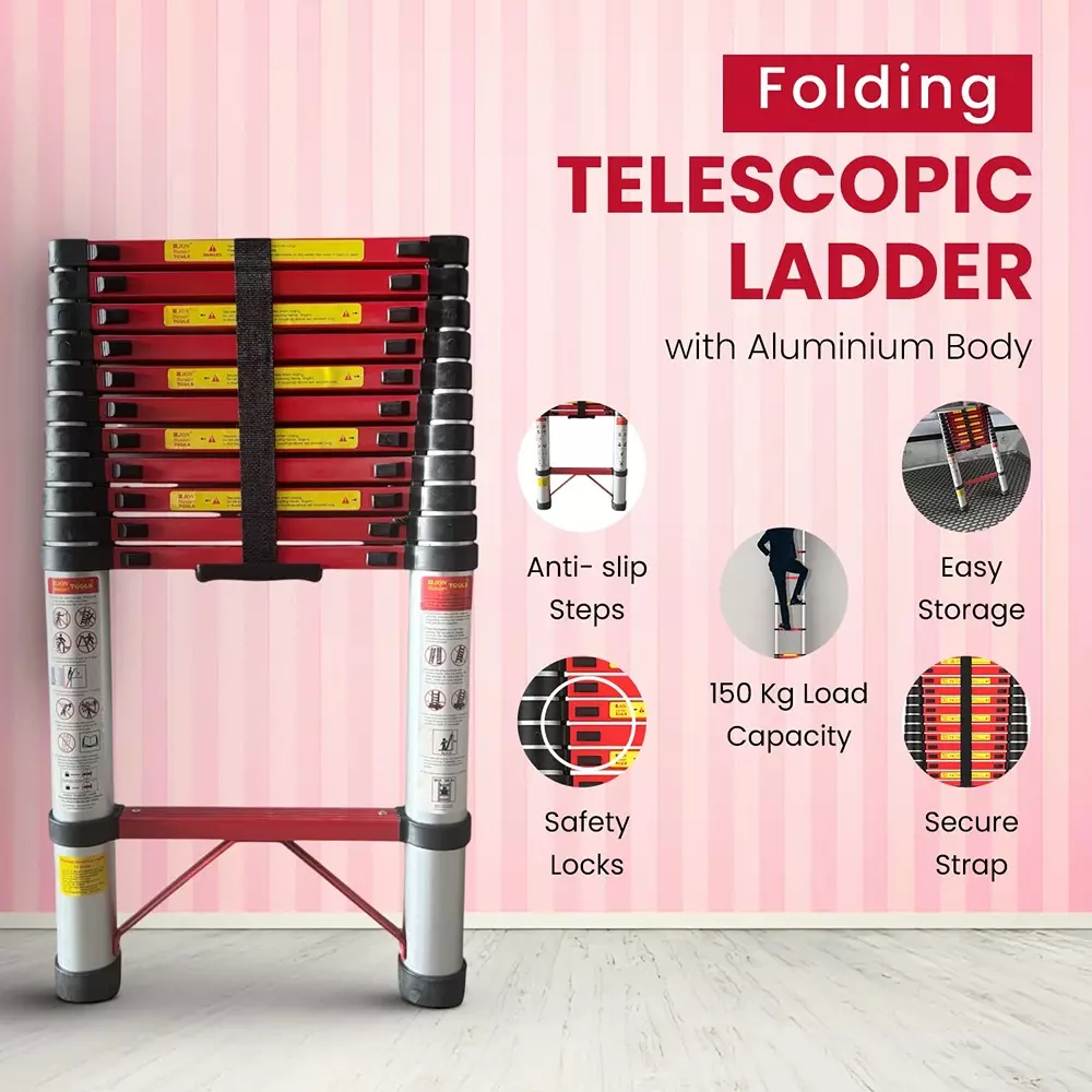 Jon Bhandari Telescopic Folding Ladder 12 Steps Aluminium Silver 150 Kg Load Capacity 11.5 ft Max. Height, AL12