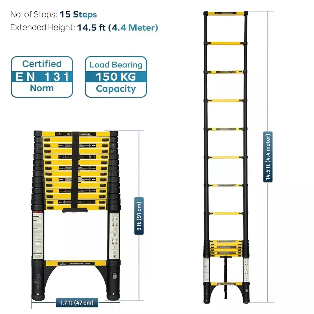 corvids-telescopic-ladder-145-feet-44-m-max-extended-height-150-kg-maximum-load-capacity-15-steps-q195-grade-carbon-steel-material-cclt-044ir