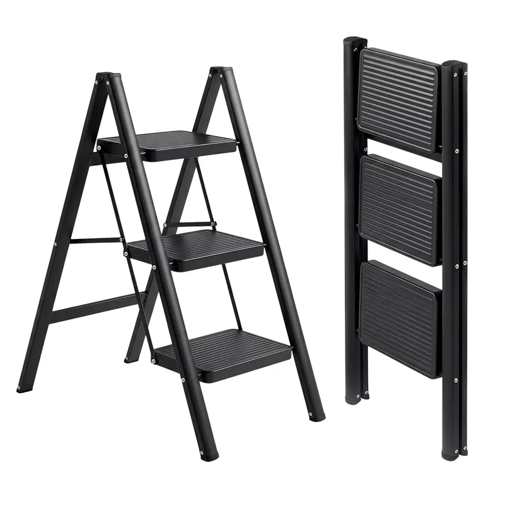 Corvids Folding Step Ladder Black Carbon Steel 3 Steps 914.4 mm (3 ft) Max. Extended Height, CCSL-03B