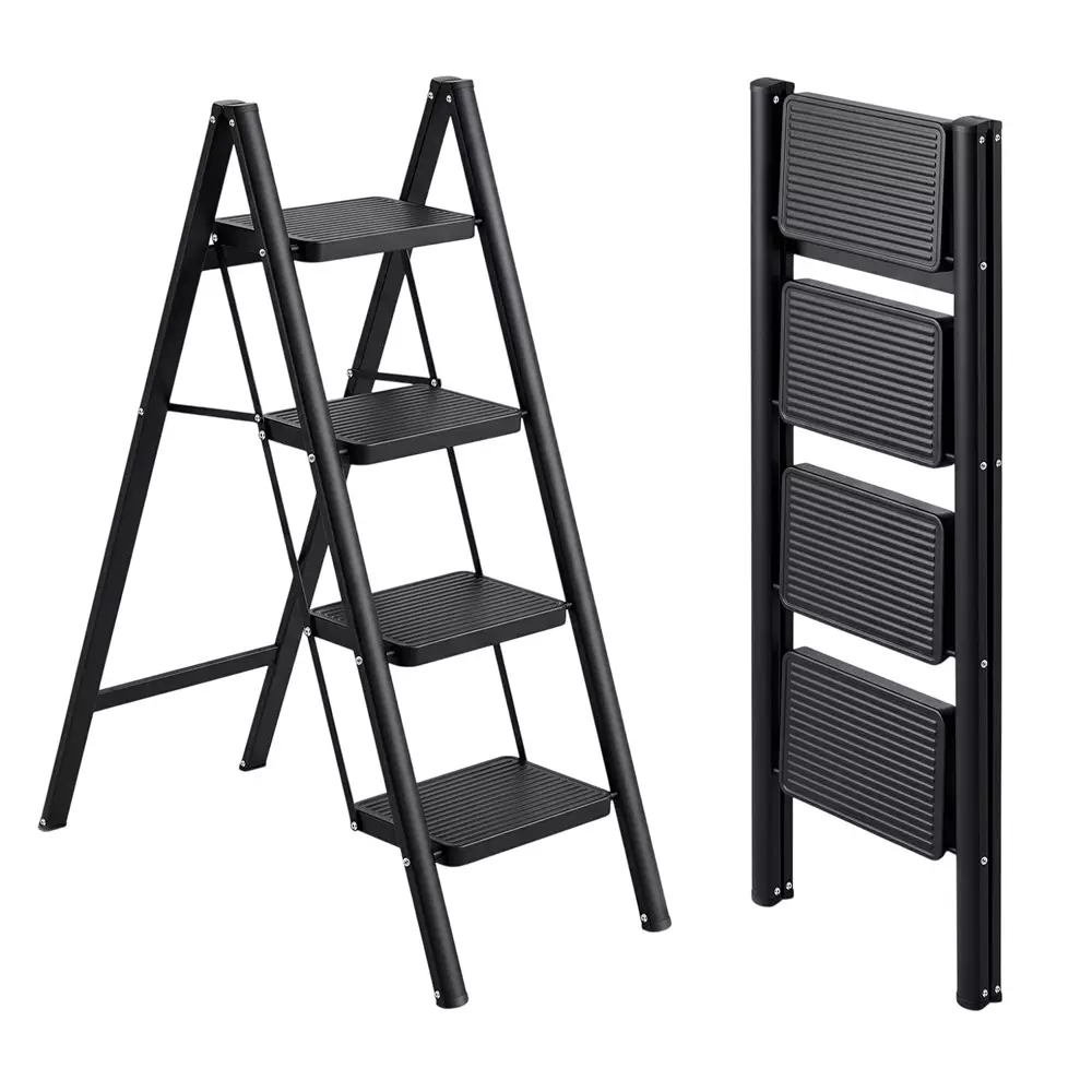 Corvids Folding Step Ladder Black Carbon Steel 4 Steps 1158.24 mm (3.8 ft) Max. Extended Height, CCSL-04B
