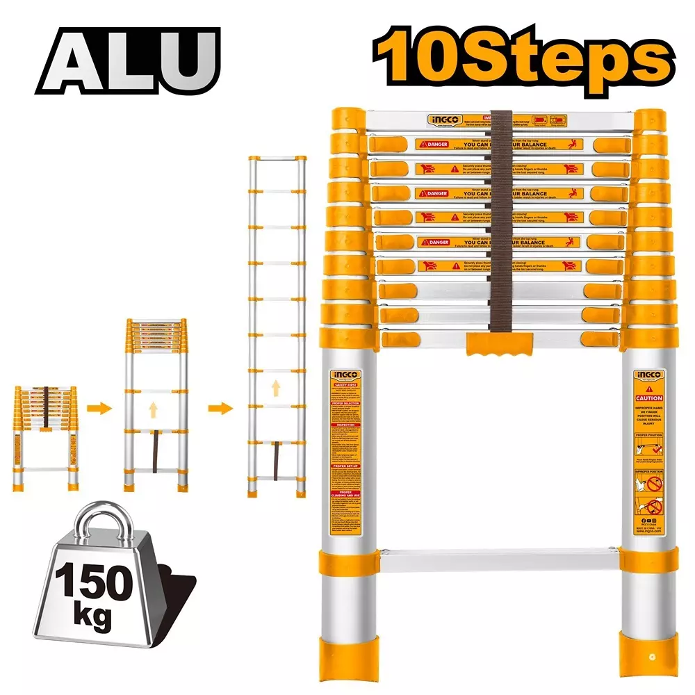 Ingco Telescopic Ladder 10 Steps 150 Kg Maximum Load Capacity and 10.4 ft Max. Extended Height, HLAD08101