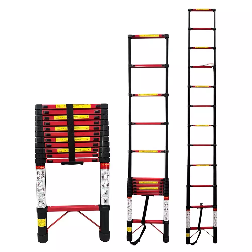 Jon Bhandari Telescopic Folding Ladder 12 Steps Carbon Steel Black 150 Kg Load Capacity 11.5 ft Max. Height, CS12