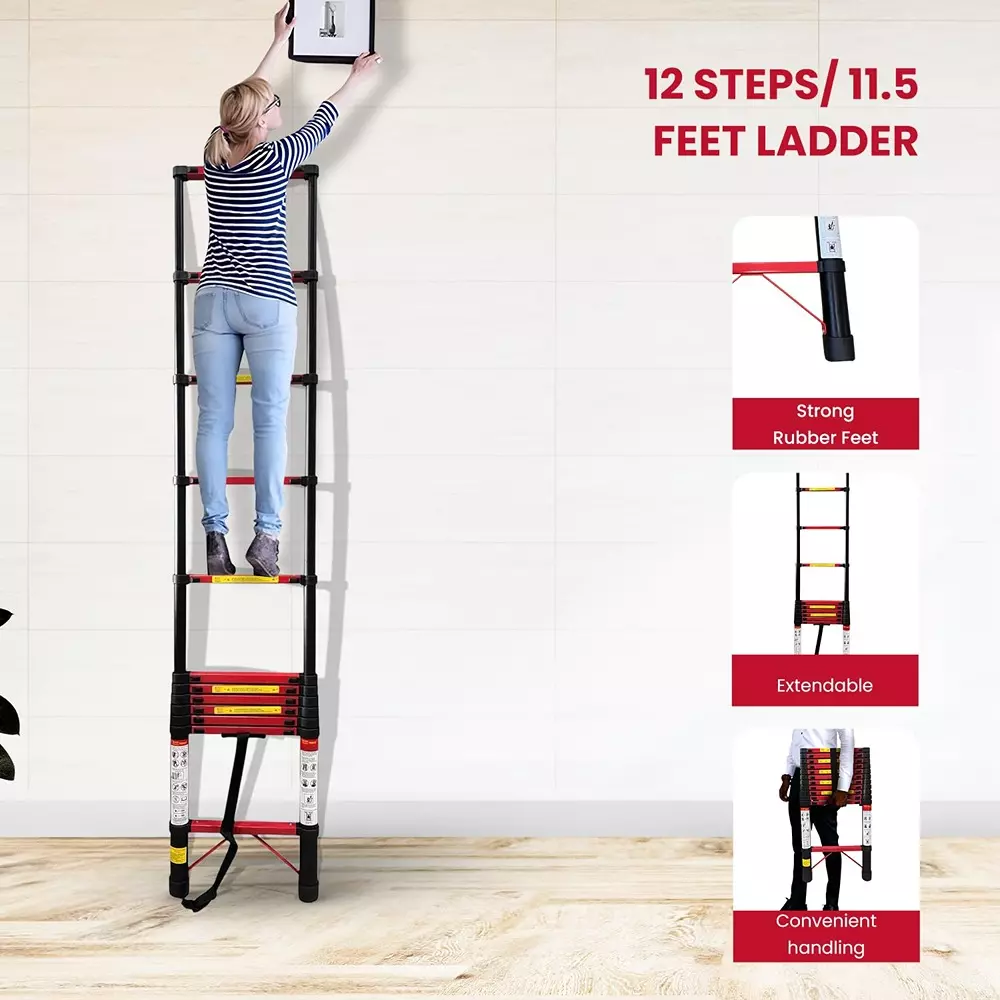 Jon Bhandari Telescopic Folding Ladder 12 Steps Carbon Steel Black 150 Kg Load Capacity 11.5 ft Max. Height, CS12