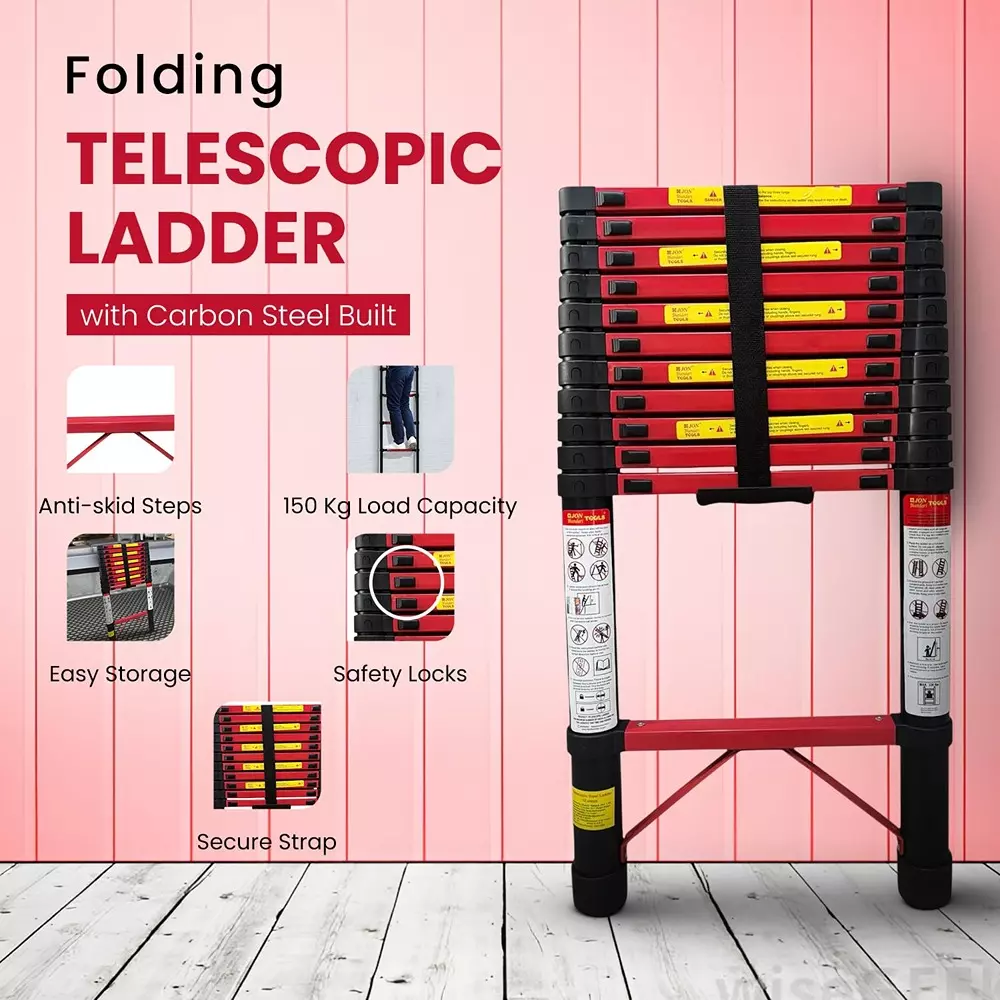 Jon Bhandari Telescopic Folding Ladder 12 Steps Carbon Steel Black 150 Kg Load Capacity 11.5 ft Max. Height, CS12