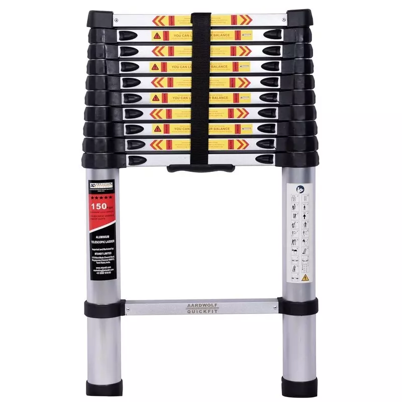 Aardwolf Quickfit 11 Step Foldable Telescopic Ladder Aluminium Silver 150 Kg Load Capacity 10.5 ft (3.2 m) Height Extended, AQT-032