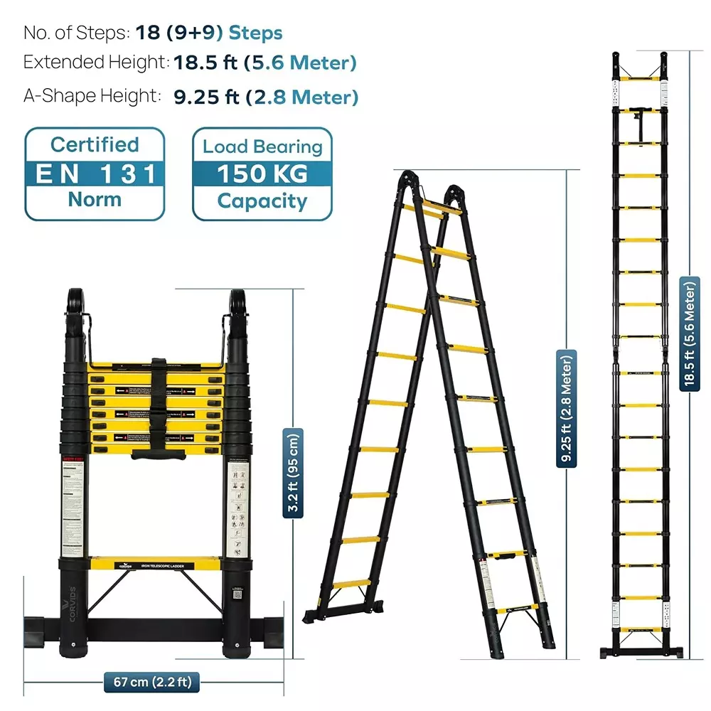 corvids-telescopic-ladder-a-type-foldable-185-feet-56-m-max-extended-height-150-kg-maximum-load-capacity-18-steps-q195-grade-carbon-steel-material-cclt-d56ir
