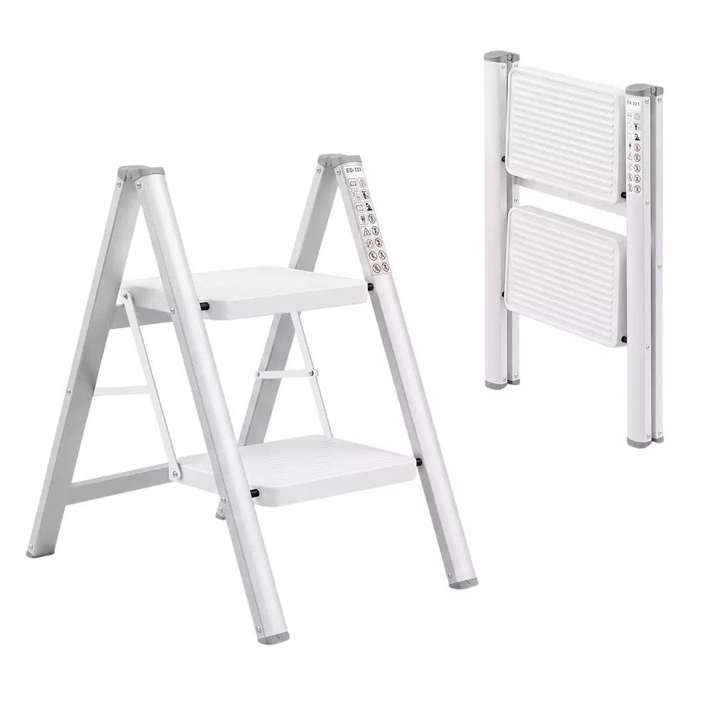 Corvids Folding Step Ladder White Carbon Steel 2 Steps 609.6 mm (2 ft) Max. Extended Height, CCSL-02W