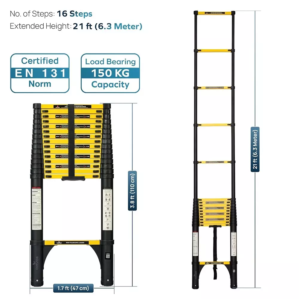 corvids-telescopic-ladder-21-feet-63-m-max-extended-height-150-kg-maximum-load-capacity-16-steps-q195-grade-carbon-steel-material-cclt-063ir