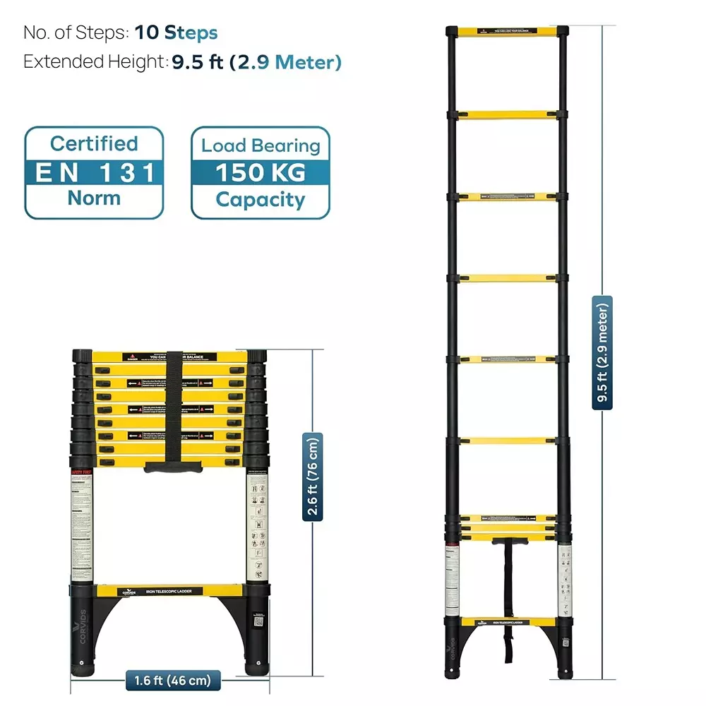 corvids-telescopic-ladder-95-feet-29-m-max-extended-height-150-kg-maximum-load-capacity-10-steps-q195-grade-carbon-steel-material-cclt-029ir