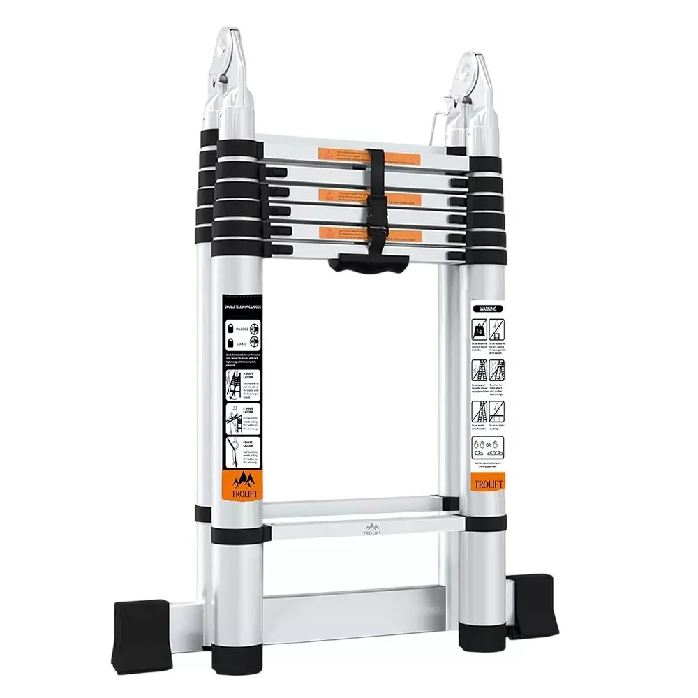 TROLIFT 15 ft (440 cm) 2-in-1 Double Aluminium Telescopic Ladder With Stabilizers 7+7 Step A-Type EN131 Certified, TALT-D44