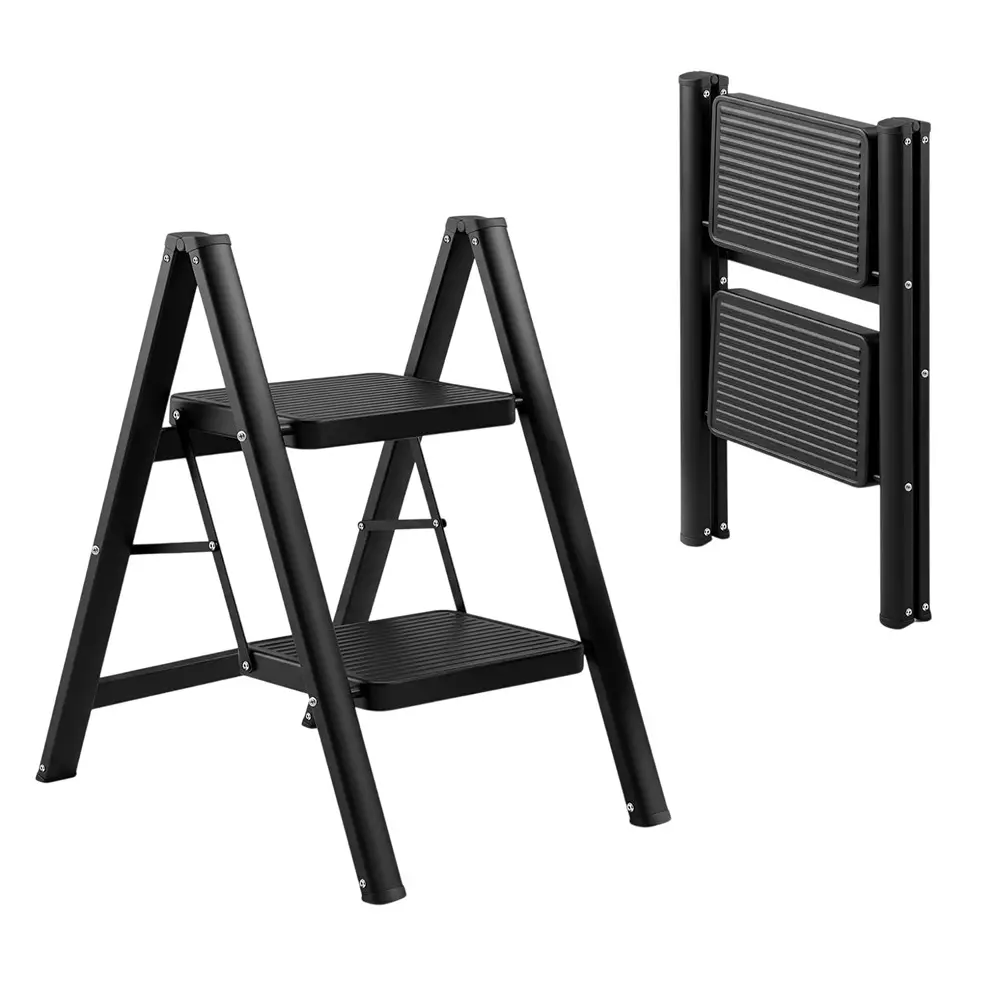 Corvids Folding Step Ladder Black Carbon Steel 2 Steps 609.6 mm (2 ft) Max. Extended Height, CCSL-02B