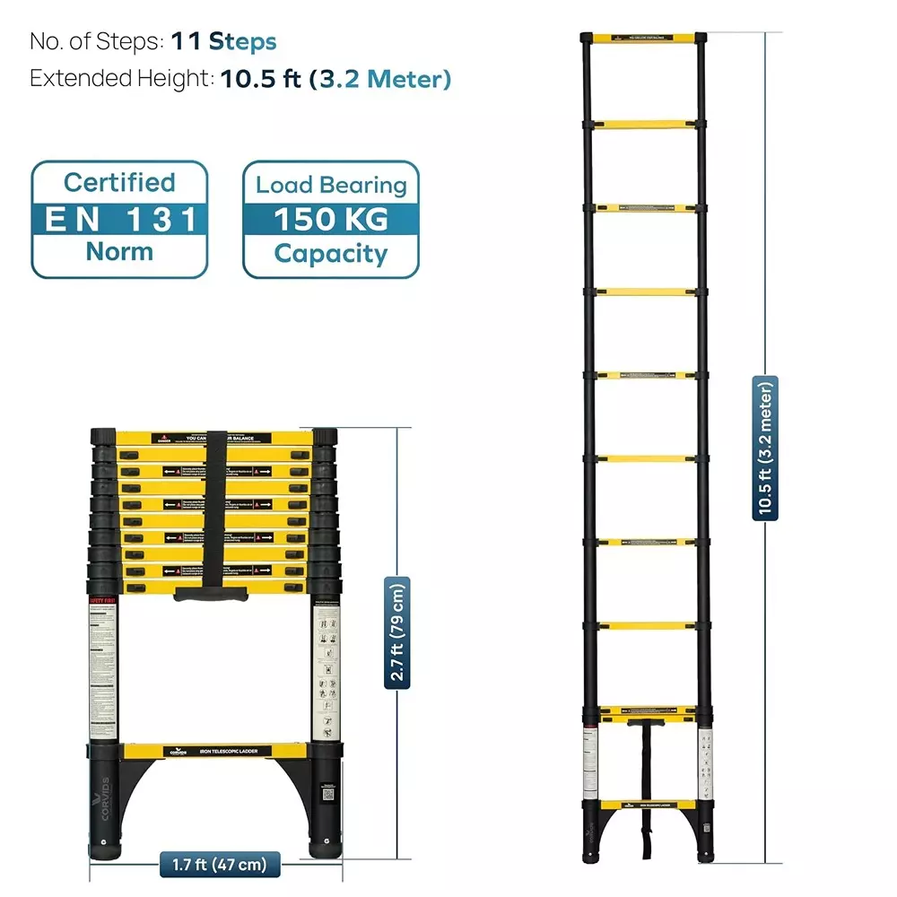 corvids-telescopic-ladder-105-feet-32-m-max-extended-height-150-kg-maximum-load-capacity-11-steps-q195-grade-carbon-steel-material-cclt-032ir