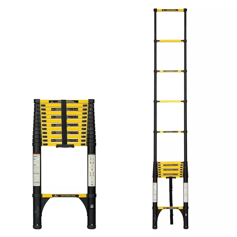 corvids-telescopic-ladder-17-feet-51-m-max-extended-height-150-kg-maximum-load-capacity-13-steps-q195-grade-carbon-steel-material-cclt-051ir