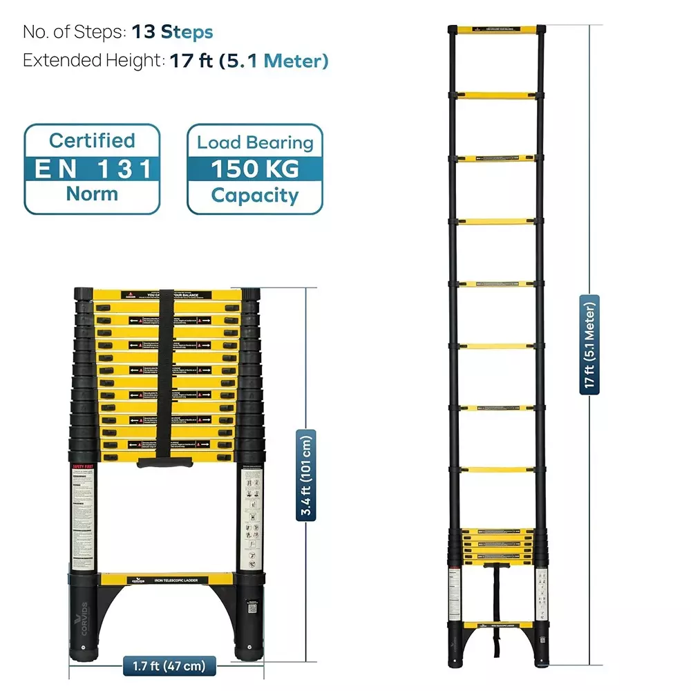 corvids-telescopic-ladder-17-feet-51-m-max-extended-height-150-kg-maximum-load-capacity-13-steps-q195-grade-carbon-steel-material-cclt-051ir
