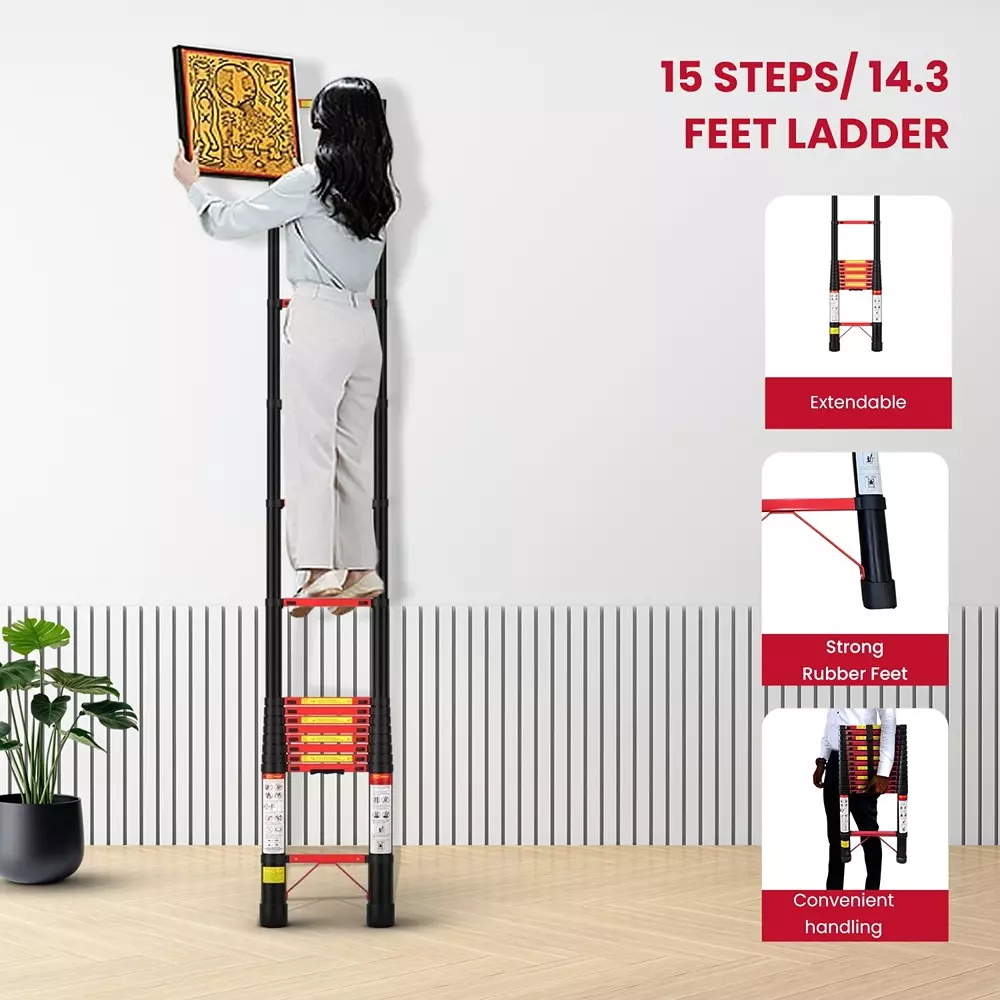 Jon Bhandari Telescopic Folding Ladder 15 Steps Carbon Steel Black 150 Kg Load Capacity 14.3 ft Max. Height, CS15