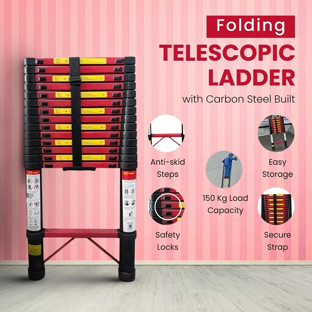 Jon Bhandari Telescopic Folding Ladder 15 Steps Carbon Steel Black 150 Kg Load Capacity 14.3 ft Max. Height, CS15