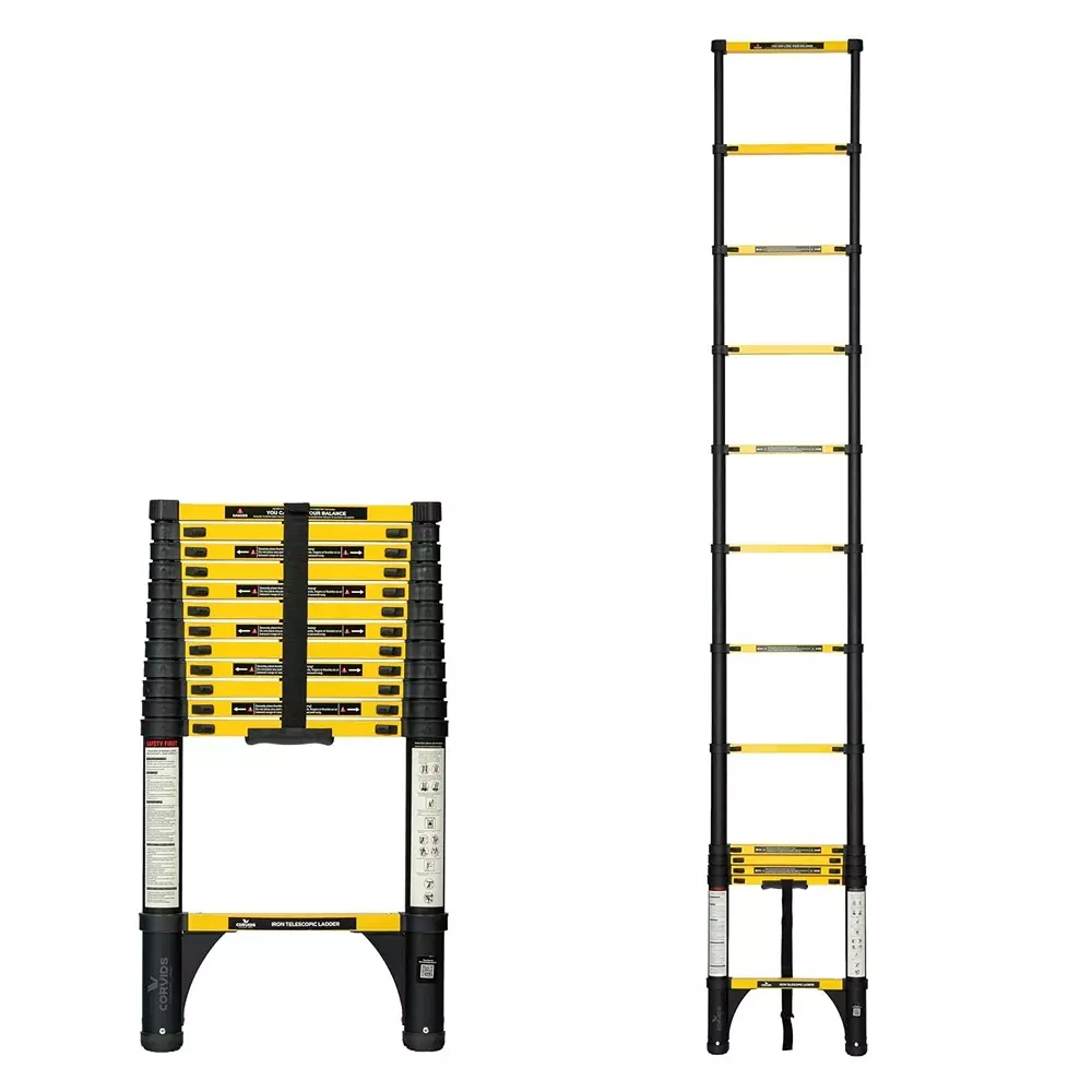 corvids-telescopic-ladder-125-feet-38-m-max-extended-height-150-kg-maximum-load-capacity-13-steps-q195-grade-carbon-steel-material-cclt-038ir