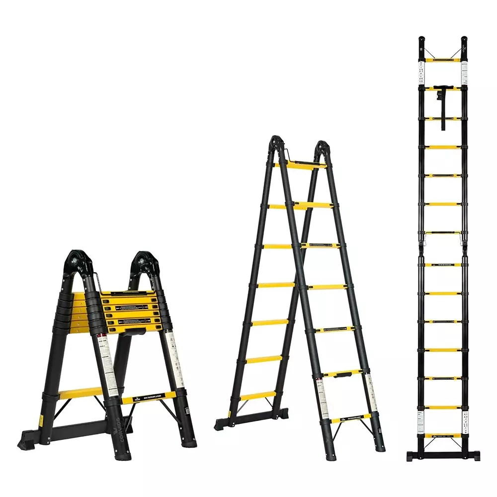 corvids-telescopic-ladder-a-type-foldable-145-feet-44-m-max-extended-height-150-kg-maximum-load-capacity-14-steps-q195-grade-carbon-steel-material-cclt-d44ir