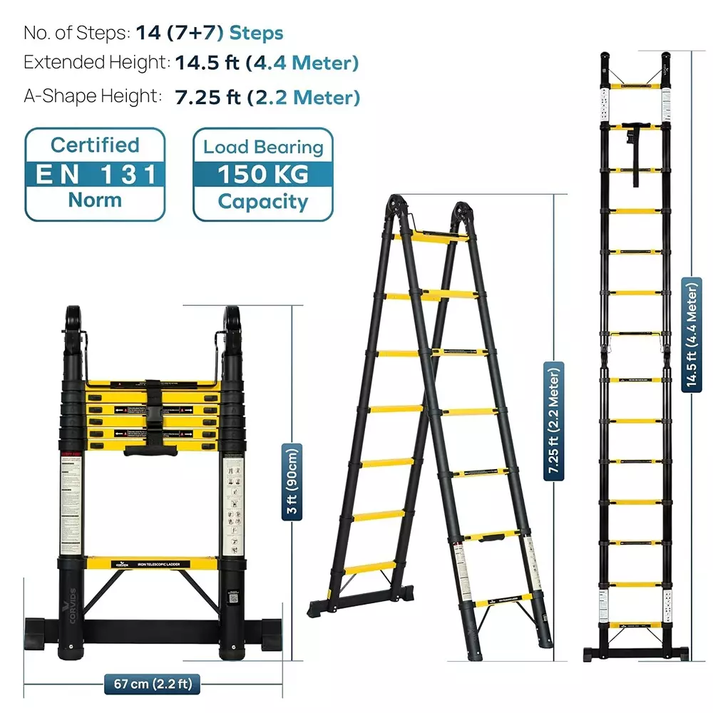 corvids-telescopic-ladder-a-type-foldable-145-feet-44-m-max-extended-height-150-kg-maximum-load-capacity-14-steps-q195-grade-carbon-steel-material-cclt-d44ir
